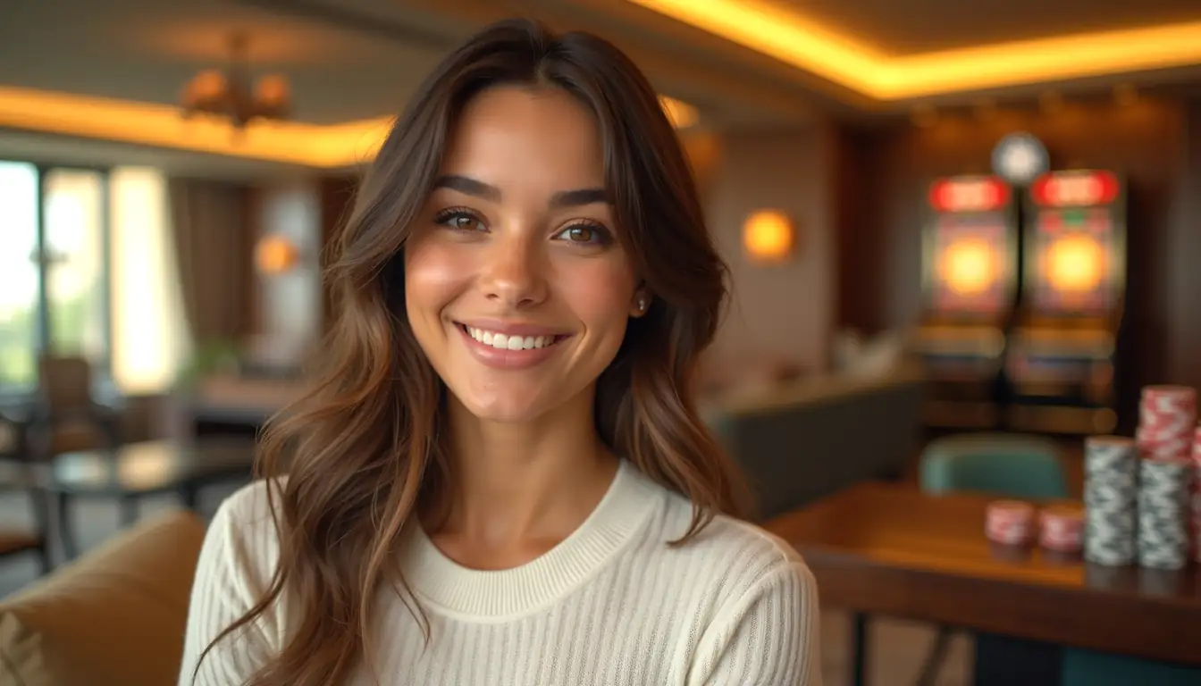 Smiling woman in Gold Coast interior with premium online casino mood