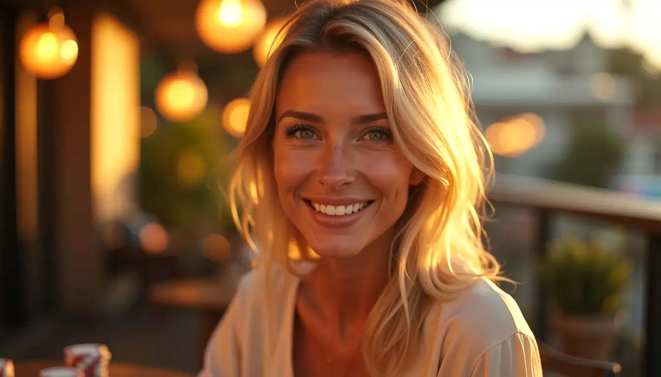 Welcoming blonde woman in Melbourne terrace with online casino atmosphere