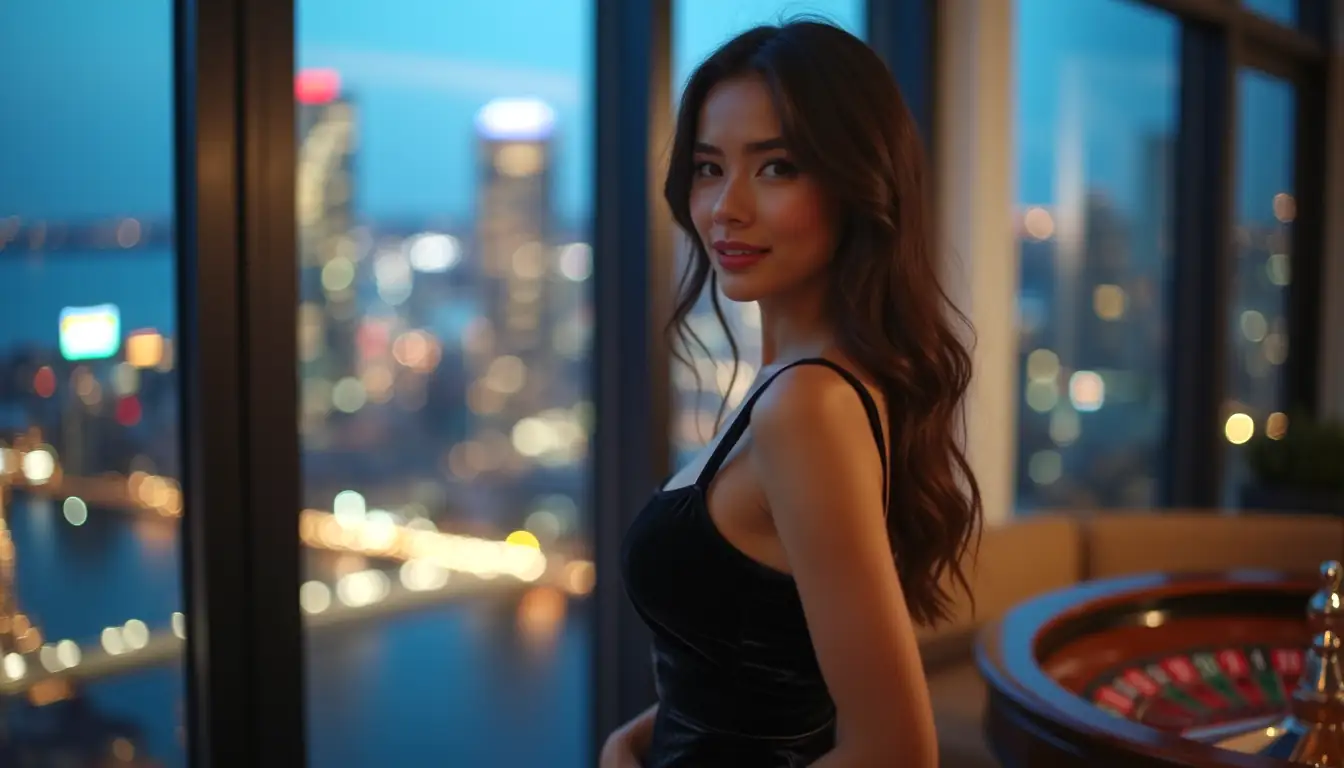 Smiling woman with Gamdom-themed casino ambience in a Sydney penthouse